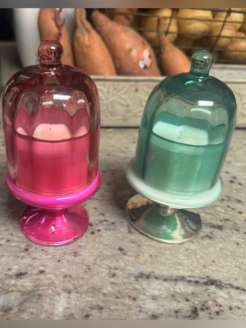 Anthropologie Duo of Mini Glass Cloche Candle Holders in Pink & Teal